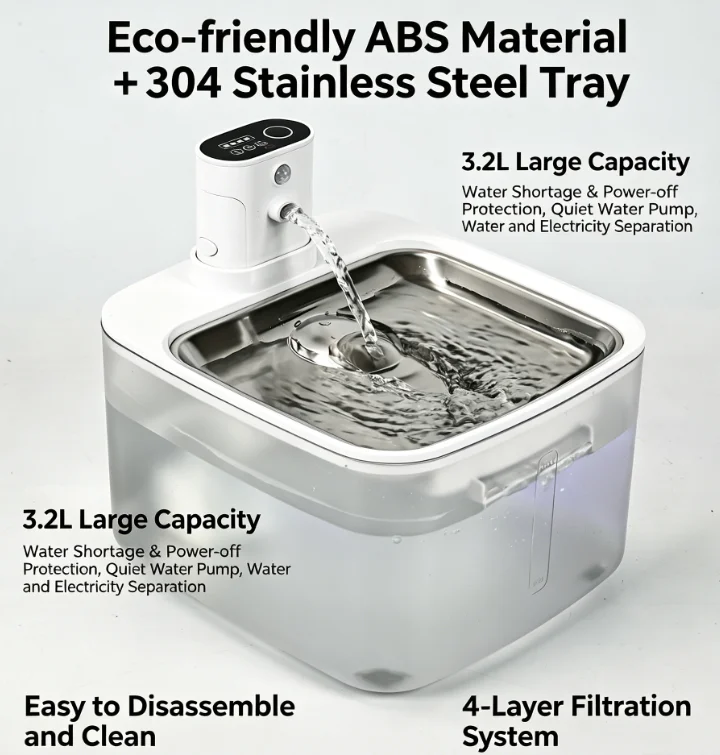 3.2L Smart Pet Fountain Wireless Battery Automatic Cat Water Fountain Stainless Steel Top Dog Water Dispenser for Multiple Pets