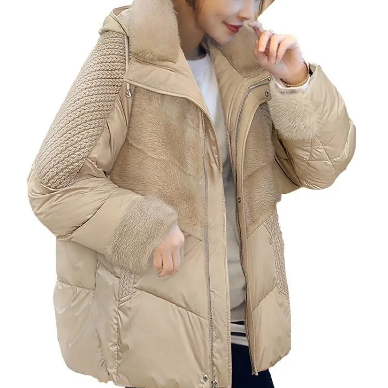 Jaqueta feminina bege com capuz, patchwork, charmosa, jovem, espessada, solta, roupa de inverno, novo estilo, jaqueta feminina