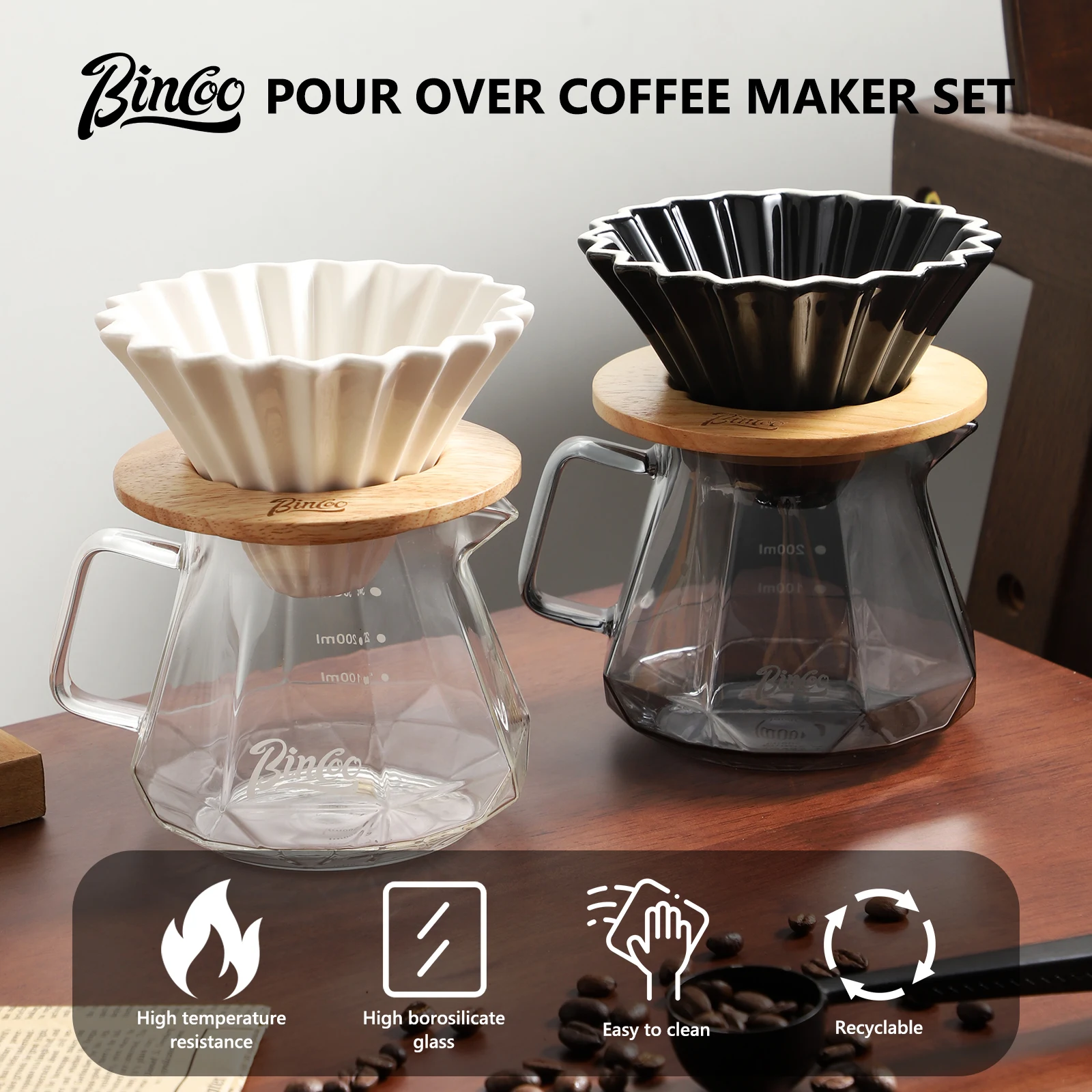 

Bincoo 400ML Pour Over Coffee Maker Set with Filter Paper,Ceramic Coffee Dripper with Wood Stand Set for 1-2 Cups