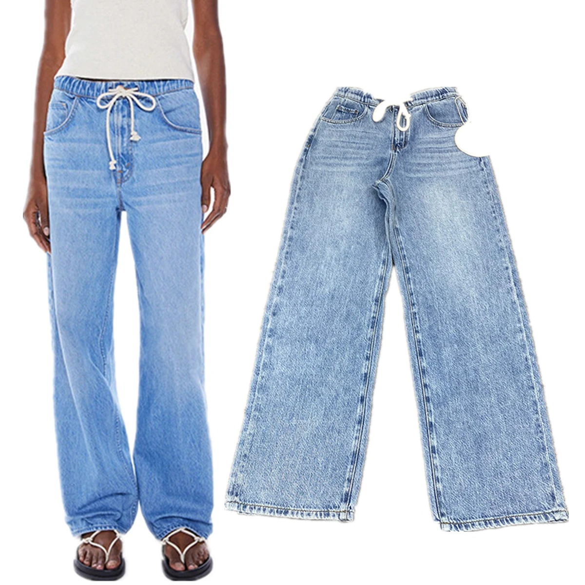 

Withered French Lazy High Waist Jeans Loose Slim Wide Leg Drawstring Jeans Trousers For Women Jogger Denim Pants Women