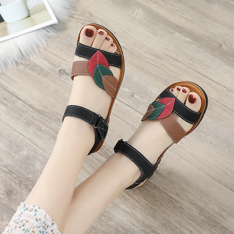 Women Sandals 2024 Fashion Genuine Leather Wedges Shoes For Women Summer Flat Non-slip Soft Bottom Elderly Beach Casual Shoes