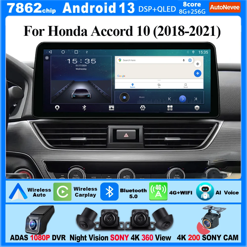 12.3 Inch Carplay Radio Android For Honda Accord 10 2018-2021 Car Multimedia Player 5G Wifi USB Navigation Touch Screen Display