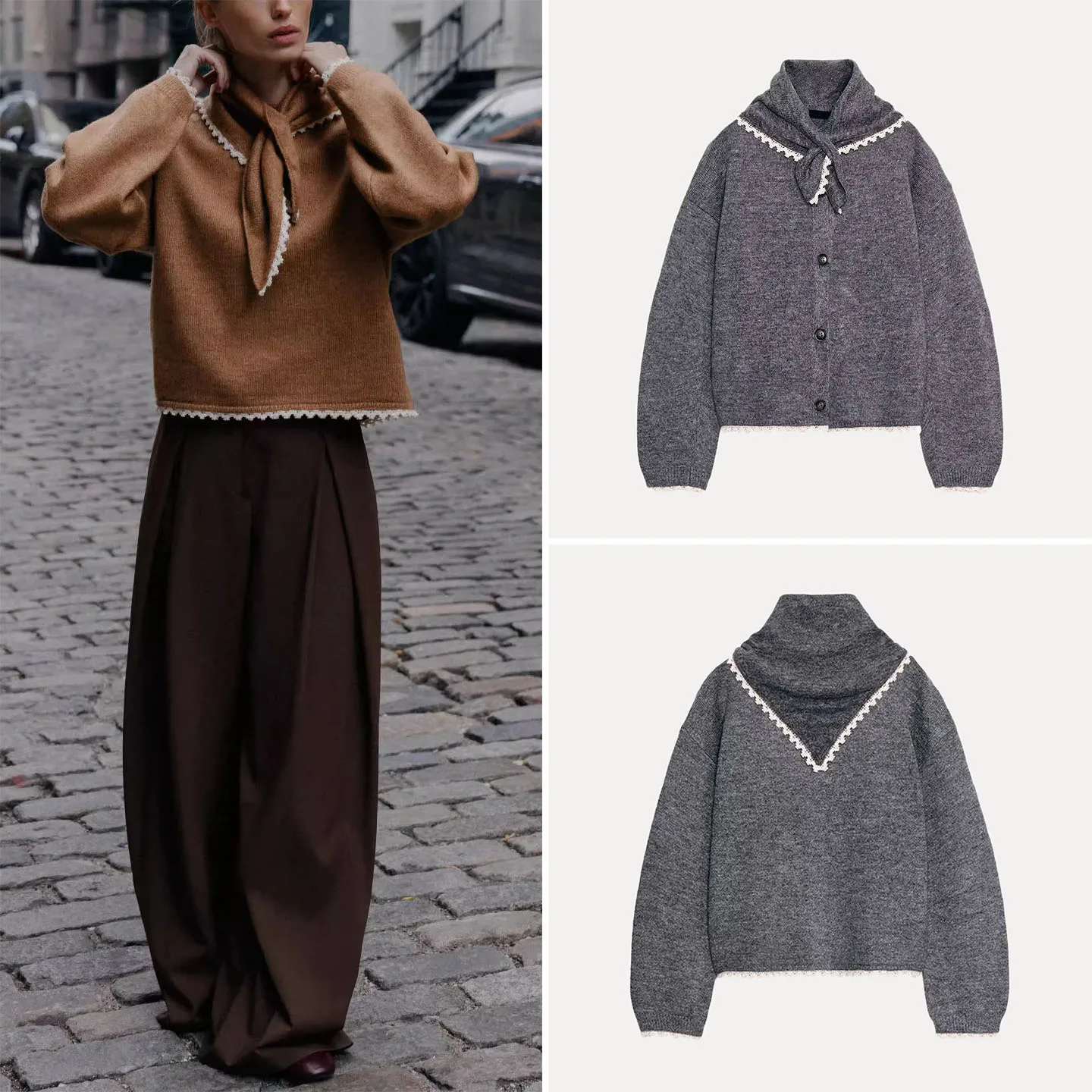 

Z Women's Faion Knitted Lace Trim Long Sve round Ne Scarf Sle Sweater European Sle Winter Collection 2025