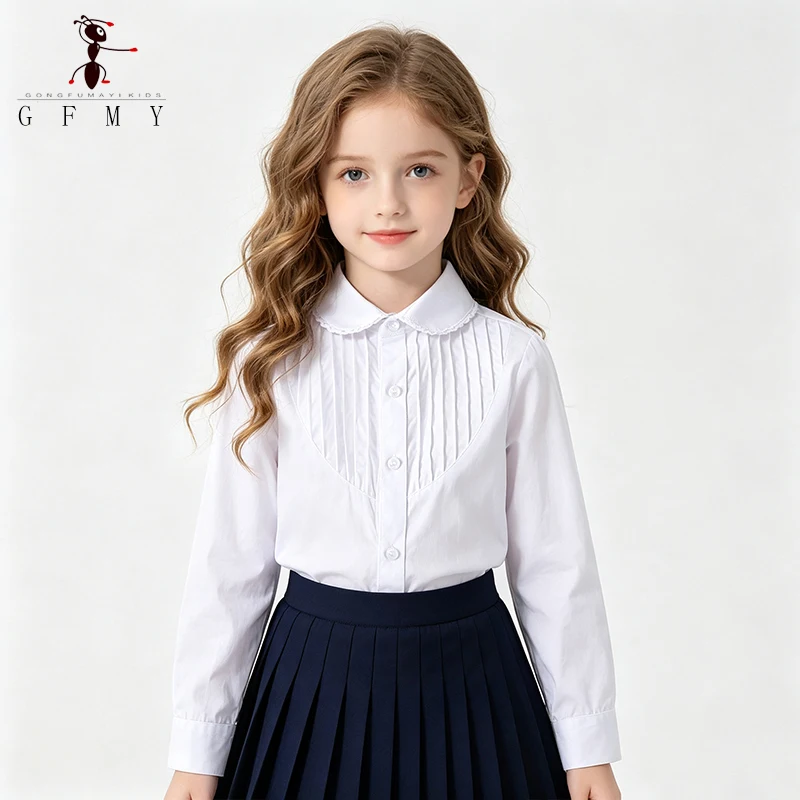 

Premium Girls White Blouse 100% Cotton Pleated Front School Uniform Kids Shirt 3-14 Years Cute Wear for Weddings Performances