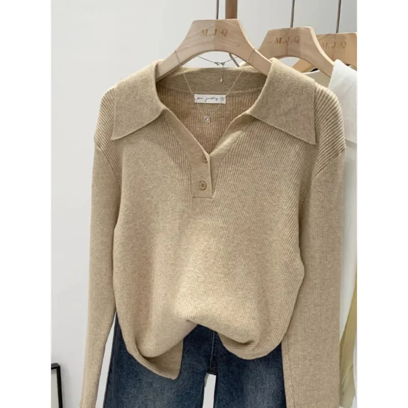 

Knit Women Autumn And Winter New Polo Collar Button Base Long Sleeve Inner Wear Crop Sweater Beautiful Top Korean Casual Clothes