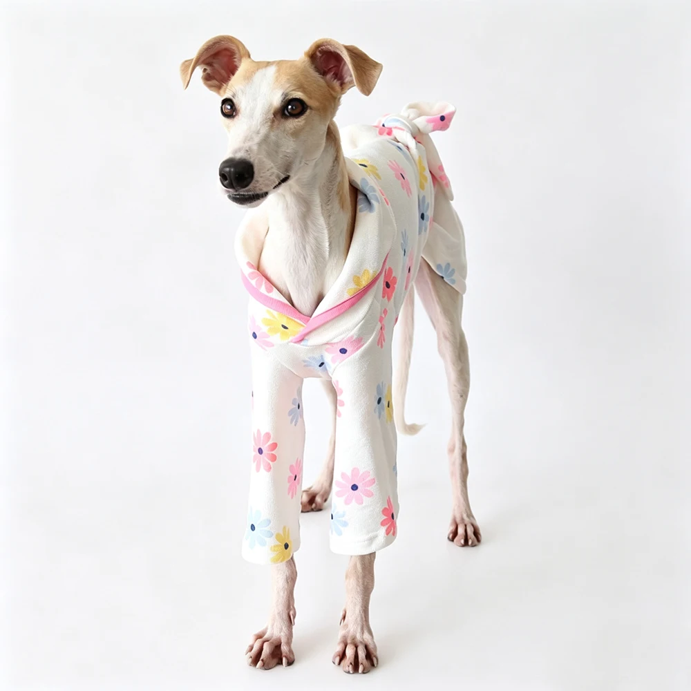 Zachte katoenen honden nachtjas voor Whippets, badjas met lange mouwen, ondershirt voor Greyhounds, loungekleding met revers voor windhonden.