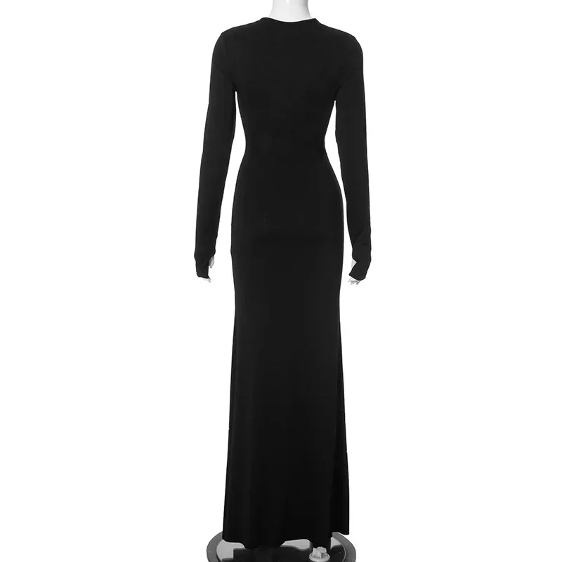 Vestido de fiesta de mariposa con cuello en V para mujer, traje Sexy, Maxi, negro, Y2K, otoño, invierno, manga larga, Bodycon, vestidos de noche