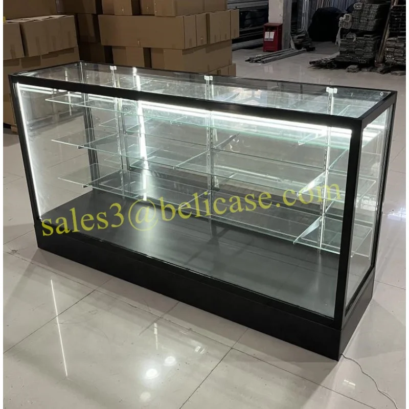 Custom Top Seller LED Glass Counter Aluminum Frame Smoke Shop Showcase Store Display Cabinet with Adjustable Shelves