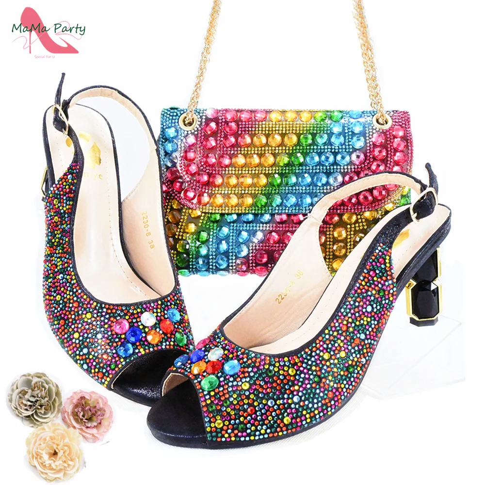 

2024 Spring Summer High Quality New Coming Italian Design Shoes and Bag Set in Rainbow Color with Crystal for Dress