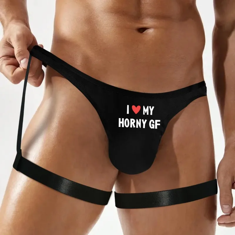 

Men's Jockstrap Underwear U Convex Pouch Thong with Garter Lingerie Low Waist G-String Sexy Novelty Letter Print Underpant