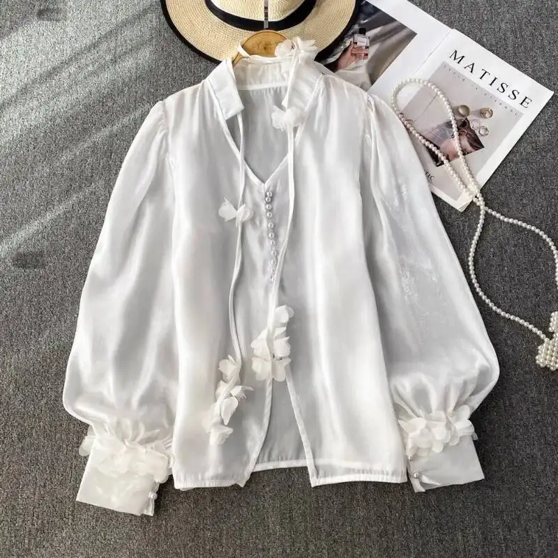 BabYoung Sweet Pink Loose Chiffon Blusas Mujer Autumn New V-Neck Lace Up Shirts Women Y2k E-Girl Lantern Sleeve Blouses