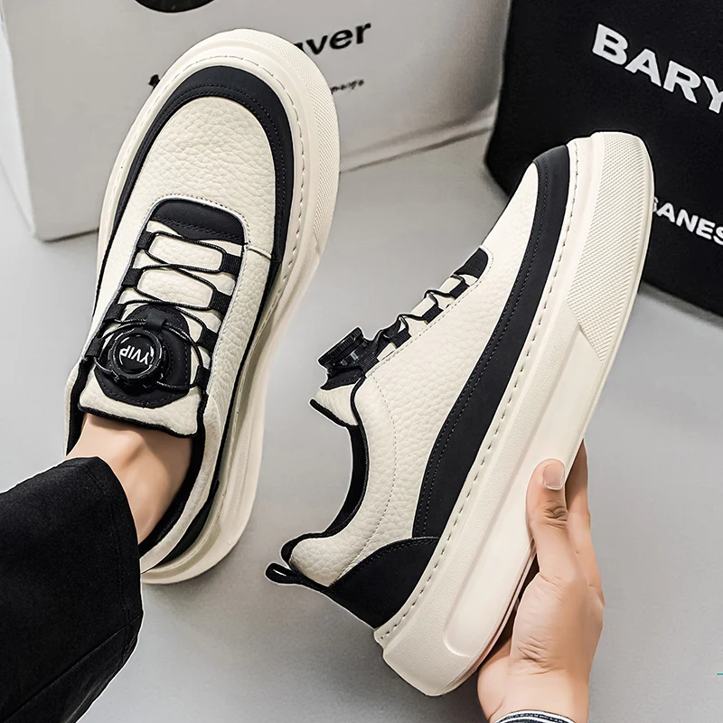 أحذية رجالية للربيع والخريف ذات نعل سميك، أحذية رياضية كاجوال من الجلد عالي الجودة، أحذية بيضاء عصرية مريحة للطلاب #5