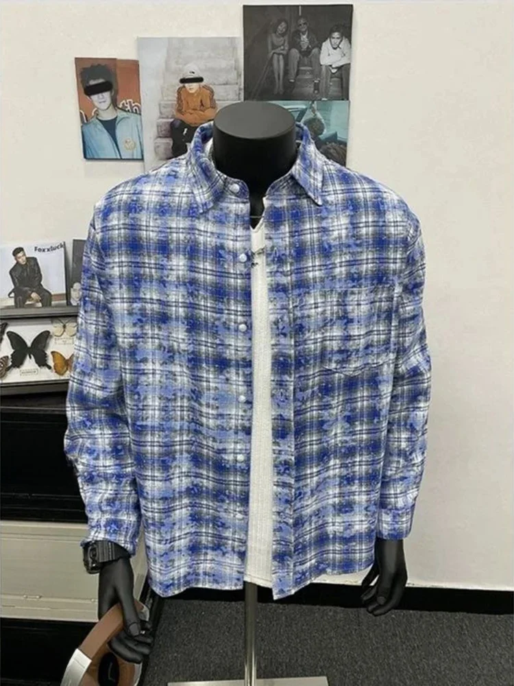 

Blue Plaid Long Sve Men's irt Autumn Winter Floing Small Fraance Sle Dyed irt American Retro Tie Dye Jaet
