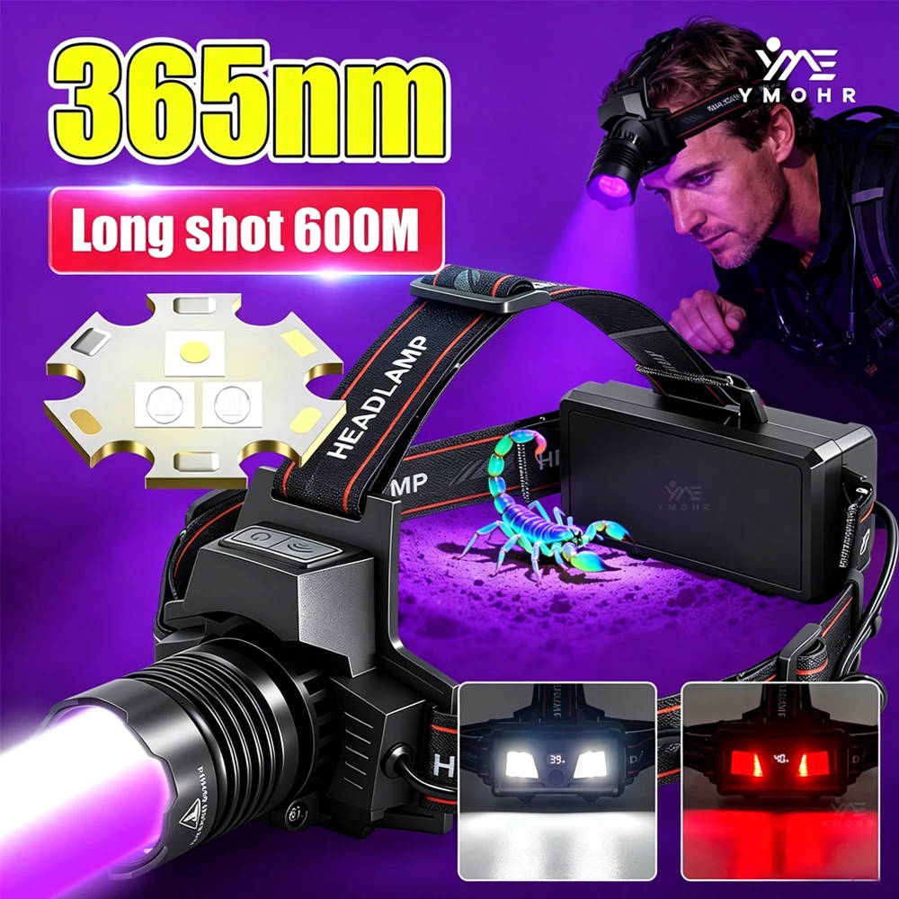 

GRCKT 365nm UV Light Purple Light Lamp, Black Light Lamp, Pet Skin Detection, telescopic zoom,9 Modes Work Light,Headlamp 18650