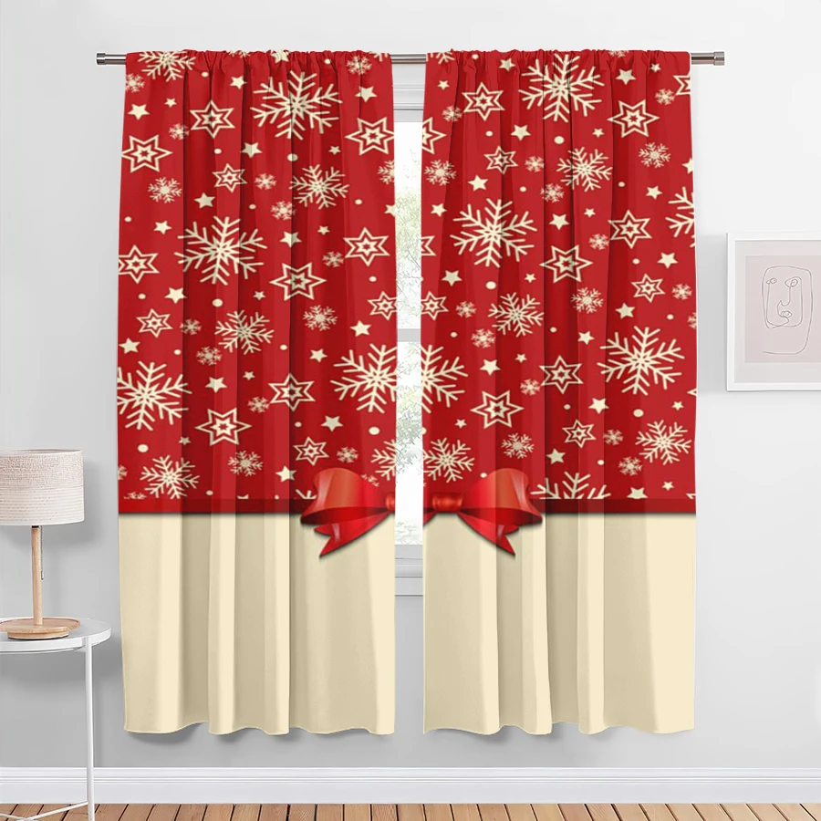 2PCS Digital Print Christmas Curtains, Red Snowflake Star Bow Beige Hem, Elegant Gift Window Drapes for Holiday Home Decor