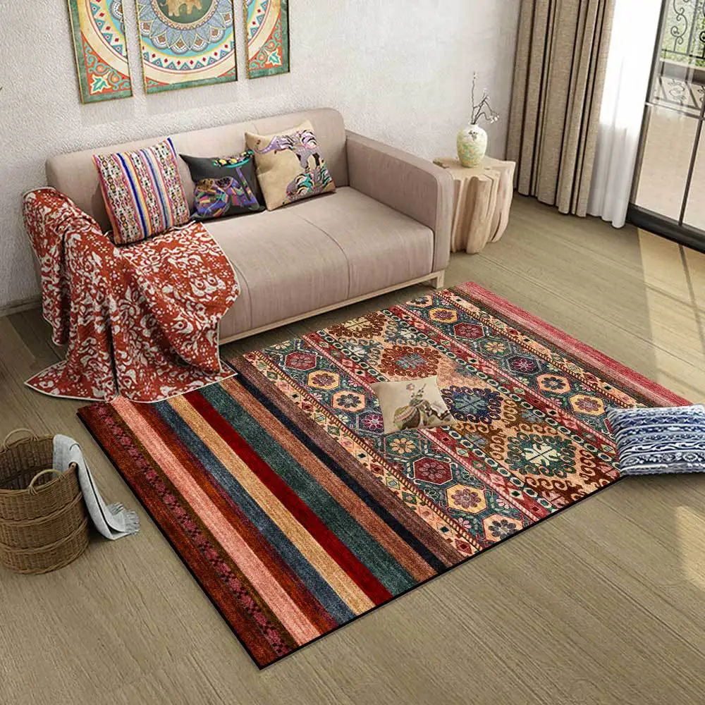 New American Ethnic Style Color Dark Red Geometric Stripes Living Room Bedroom Bedside Carpet Floor Mat  Alfombra