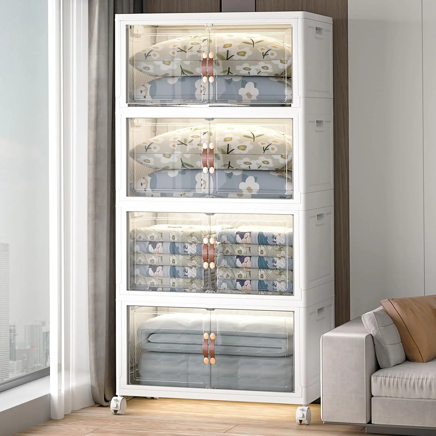 

Extra Large Stackable Storage Bins with Lids & Wheels & Door, 640QT-160QT/40GAL*4Pack Foldable Collapsible Closet Organi