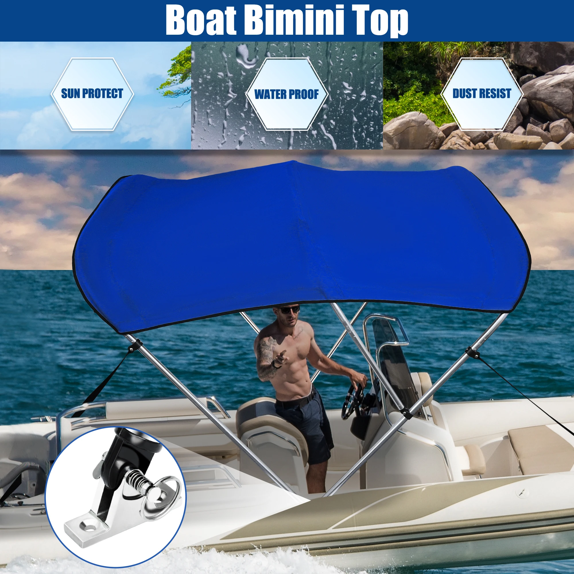 X Autohaux 3 Bow 600D Bimini Top Assembly Deck Hinges Mounting Hardware Storage Boot for Pontoon Boat Awning 6'Lx 46