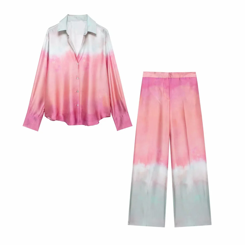 TRAF   Autumn new women\'s fashionable casual loose collar long sleeved tie dye printed shirt high waist wide leg pants set