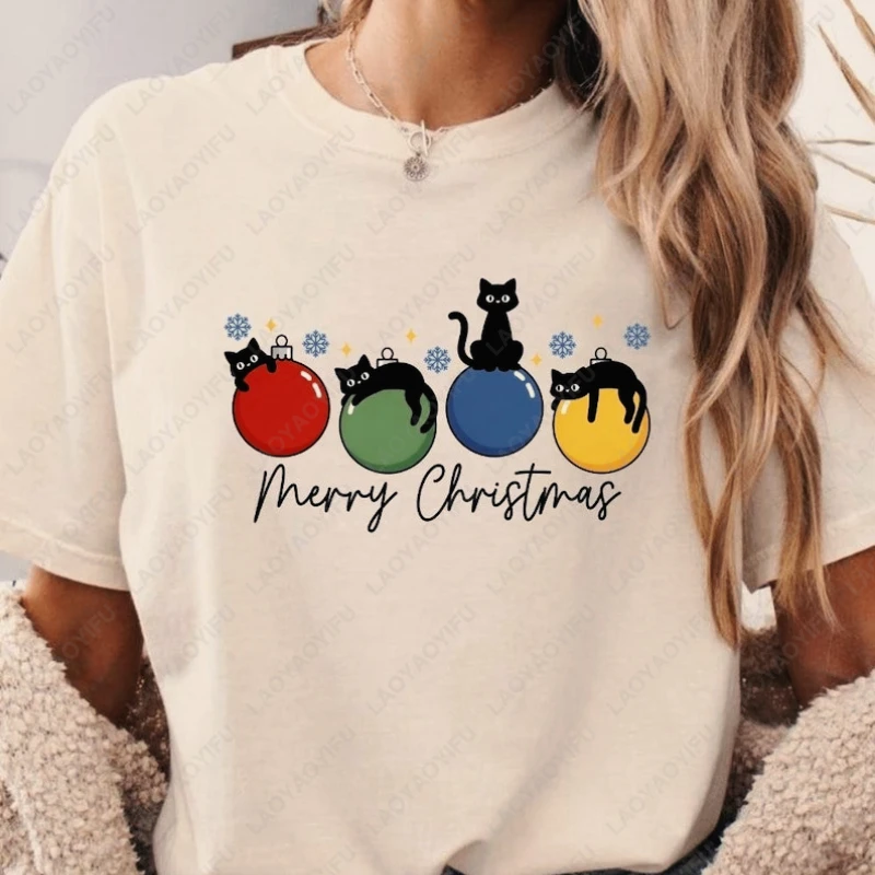 Christmas Meowy Santa Hat Cat Casual Tees Happy Holiday Black Kitty Men Women Cotton Tops Casual Popular Kawaii Harajuku Tshirt