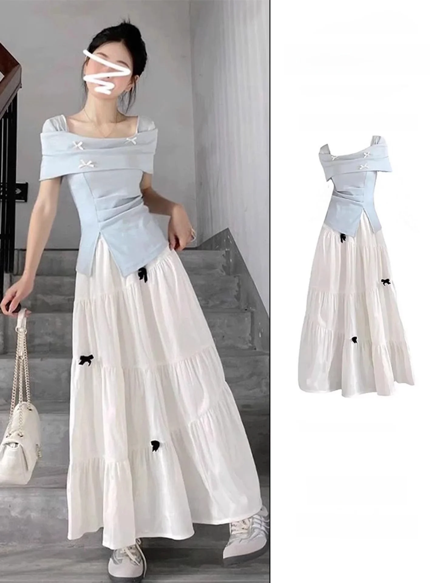 Summer Unique Beautiful Set Dress Women Sweet Blue Short Sleeve White Half Skirt Dress Two Piece Set Korean Style High Waist ...