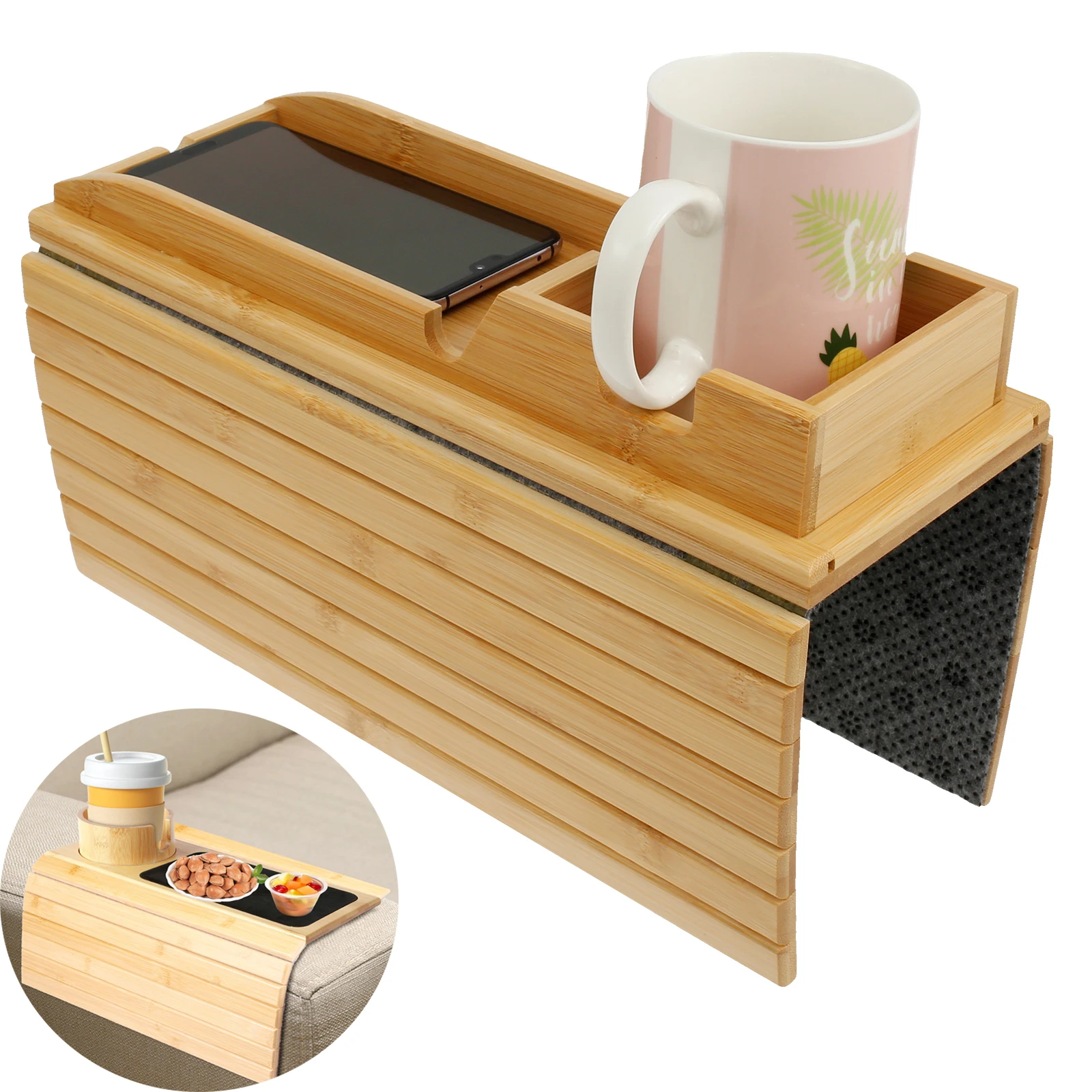 Couch Cup Holder Bamboo Wood Sofa Armrest Tray Foldable Sofa Cup Holder Anti-Slip Couch Arm Cup Holder Sofa Side Storage Tray