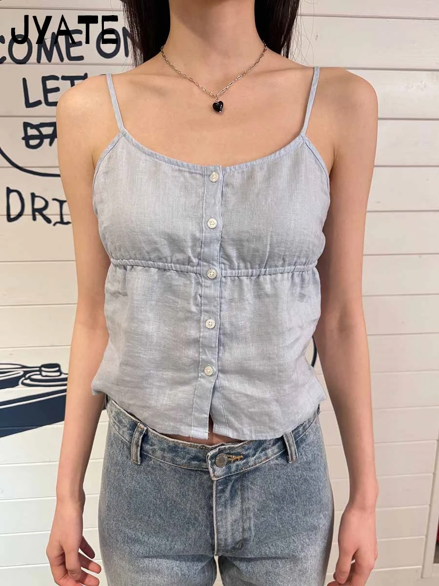 

Vintage Single Breasted Cotton Tank Tops Women Elastic Waist Casual Preppy Style Sleeveless Vests Sweet Cute Streetwear Camisole