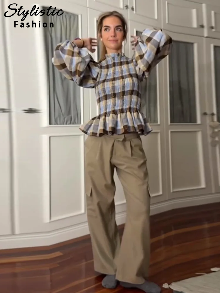 Plaid Ruffles Shirts Women Casual O-neck Lantern Long Sleeves Pleated Tops  Female 2026 Spring Fashion All-match Lady Clothes