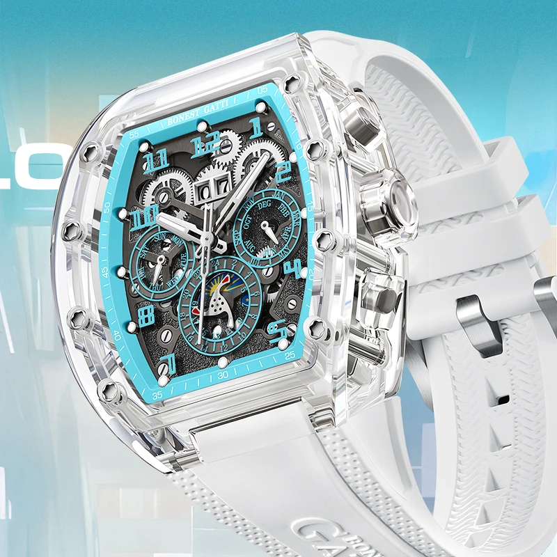 BONEST GATTI Men's Automatic Mechanical Watch with Crystal Glass CaseLuminous Rubber Strap Multi-Function Dial Luxury Wristwatch