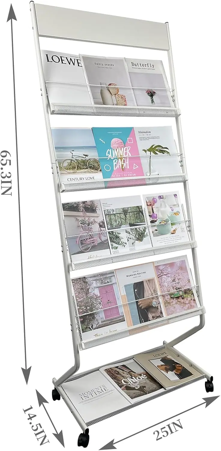 White Wheeled Metal Magazine Brochure Display Rack Four Tier Exhibition Office