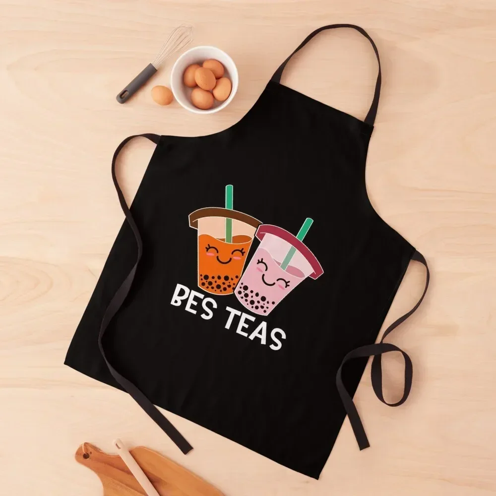 

Bes Teas Cutie Kawaii Boba millk Tea Drinks Best Friends Apron with pockets For Women Kitchen Apron