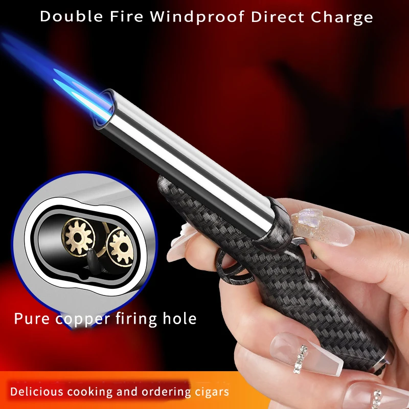 Windproof Double Direct Charge Small Gun Woodgrain Double Barrel Hunting Gun Personalized Trendy Inflatable Moxibustion Lighter