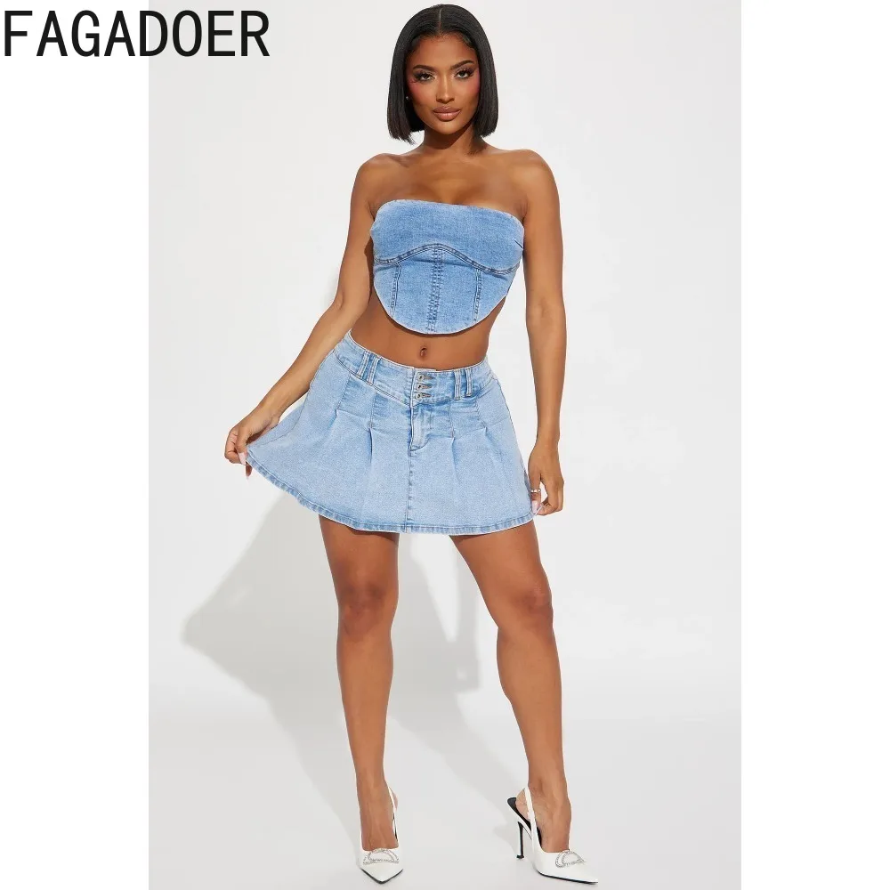 FAGADOER-Mini-jupes plissées en denim pour femmes, taille haute, ligne A, jupe en jean, bleu, bouton décontracté, bas assortis, streetwear, mode