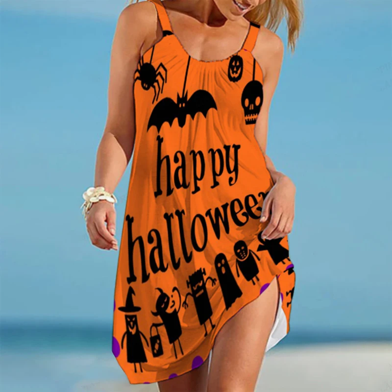 Traf Pumpkin Bat Gothic Horror Ghost Halloweeen Vestido 3D Printed Sleeveless Beach Dresses Camisole Women's Costum Y2K Hawaiian