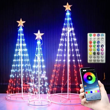 1.5/1.8/2.1m inteligente app controle luzes da árvore do cone de natal com estrela de topper rgb bluetooth app artificial iluminado árvore de chritmas