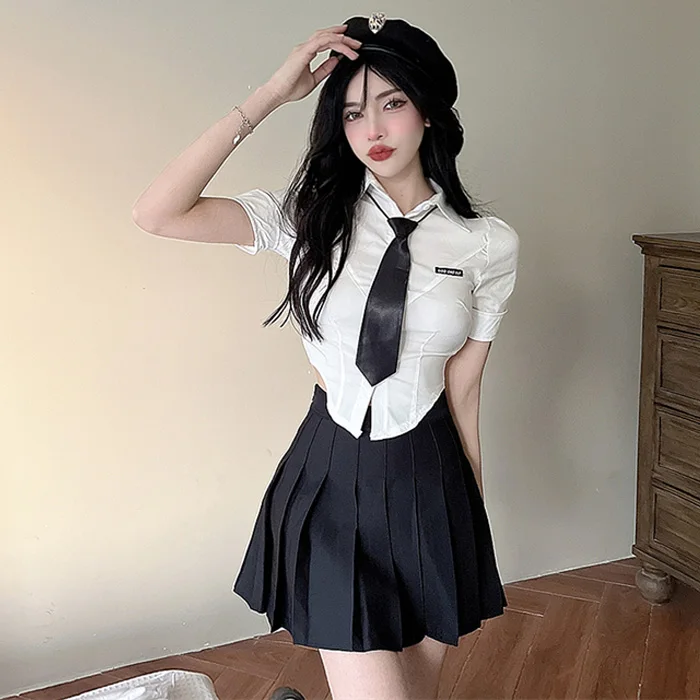 Gege's Online Celebri Sexy Preppy Short sleeve Slim fit Tie Shirt + High Waist Pleated Skirt Jk Uniform Two-piece Set