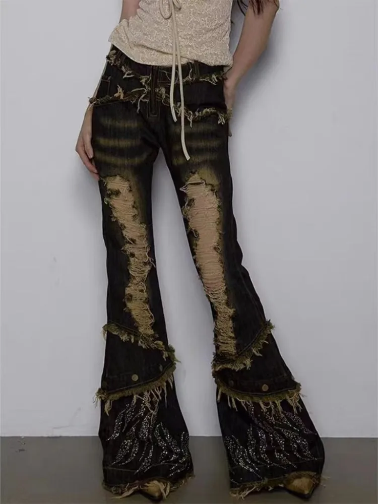 

Gothic Retro Bell-Bottom Low Rise Pants Women Print Flare Denim Long Trousers 90s Dark Academia Abi Y2k Japan Streetwear Outfits