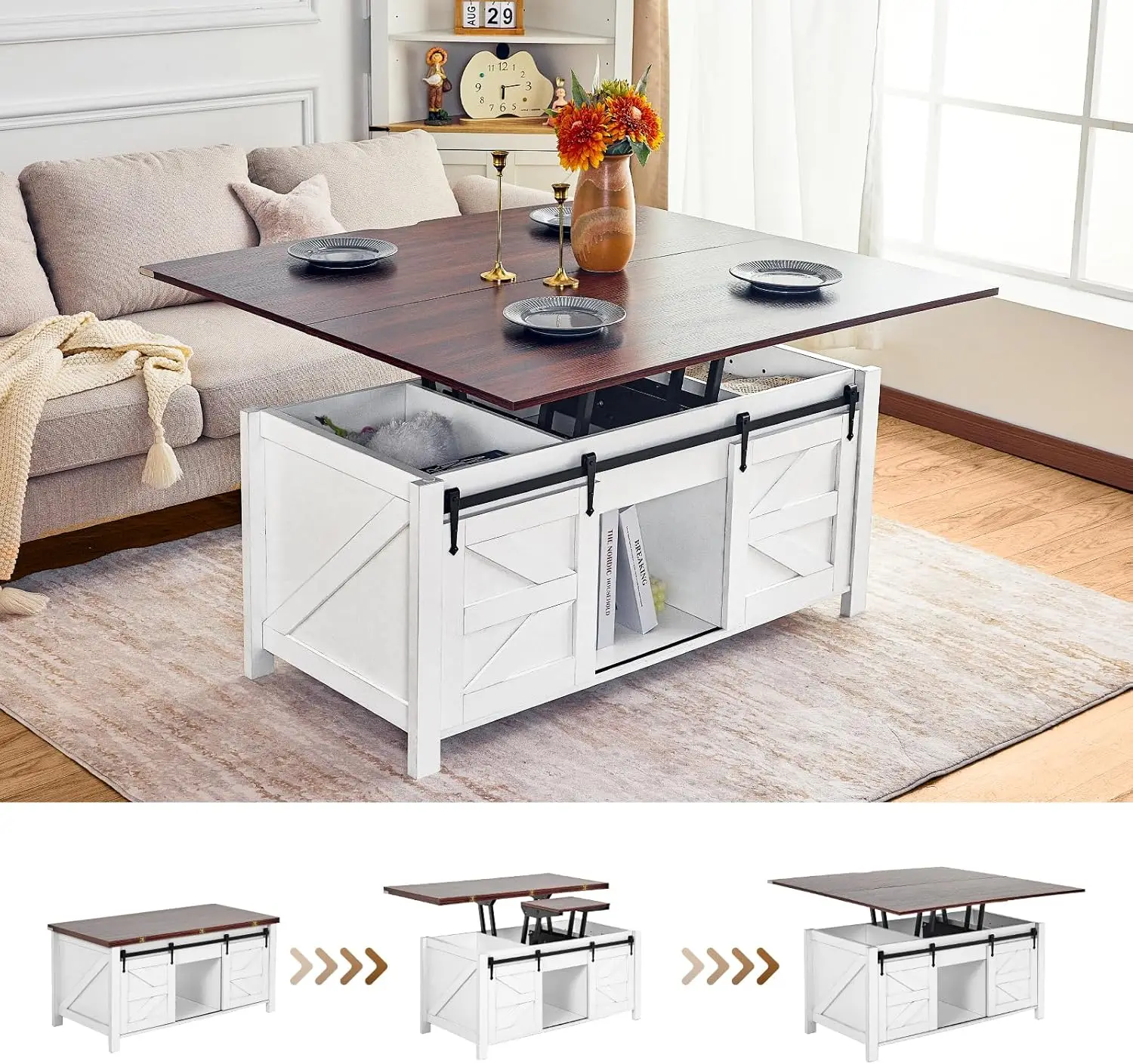 3 in 1 Multi-Function Convertible Coffee Table with Storage and Hidden Compartment, Coffee Table Converts to Dining Table