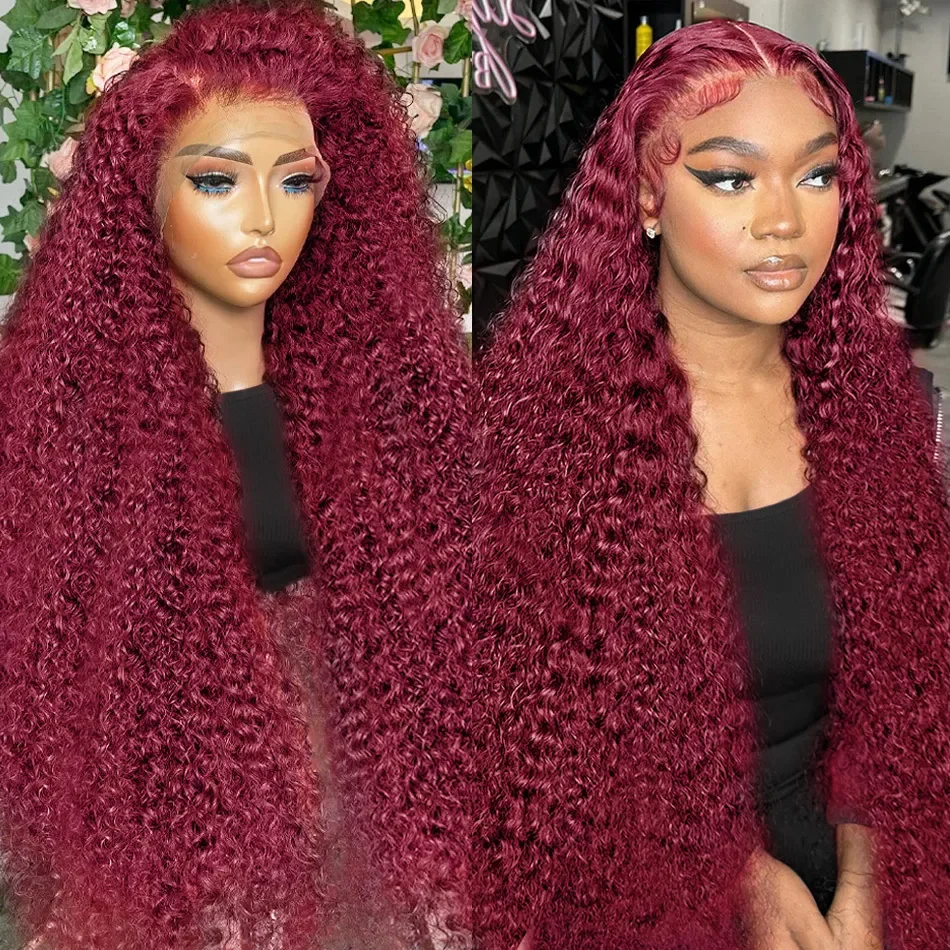 

Бордовый парик 99J Deep Wave Frontal, 30-42 дюйма, цветной, кудрявый, из натуральных волос, плотность 200%, 13x6 HD Lace Frontal, парик из натуральных волос