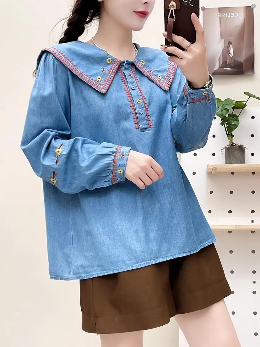 Mori kei clothing women\'s long sleeve shirt Japan style embroider denim shirts and blouses jean tops lolita y2k cute clothes