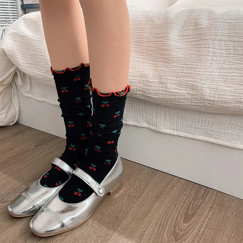 Lolita Cherry Stockings Women Fungus High Knee Socks Female JK Cotton Long Socks Girls Dress Calcetines medias