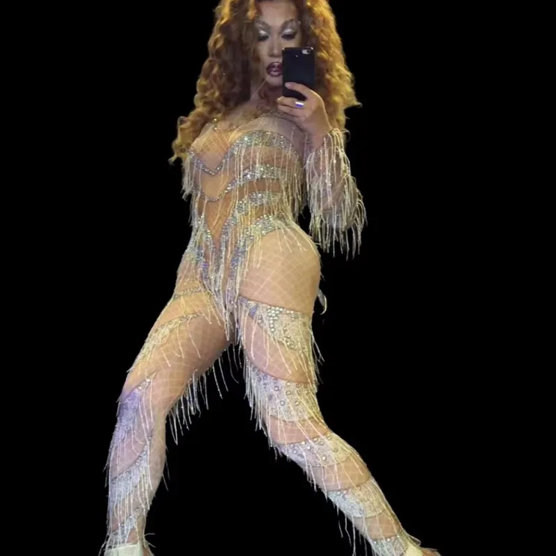 

Женский прозрачный купальник телесного цвета с кисточками, сексуальный комбинезон для бара, ночного клуба, DJ, танцовщицы Gogo, костюм для танцев на пилоне