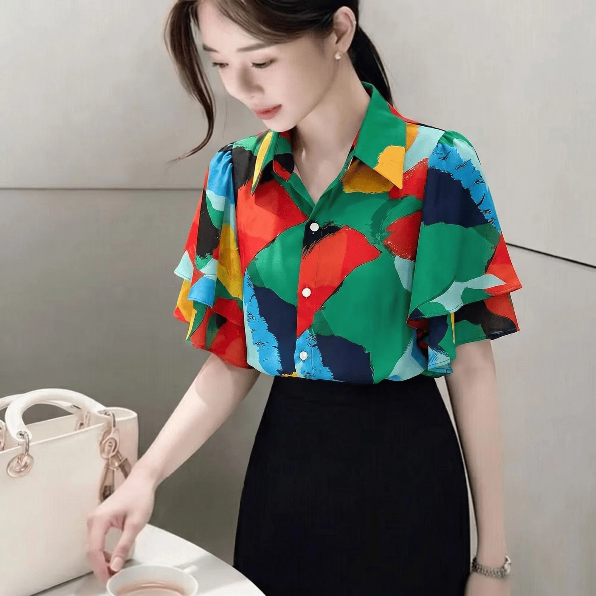 Korean Style Floral Print Loose Short Sleeve Shirt Women's Summer New Sweet Versatile Elegant T-Shirt Top with Lace Hem
