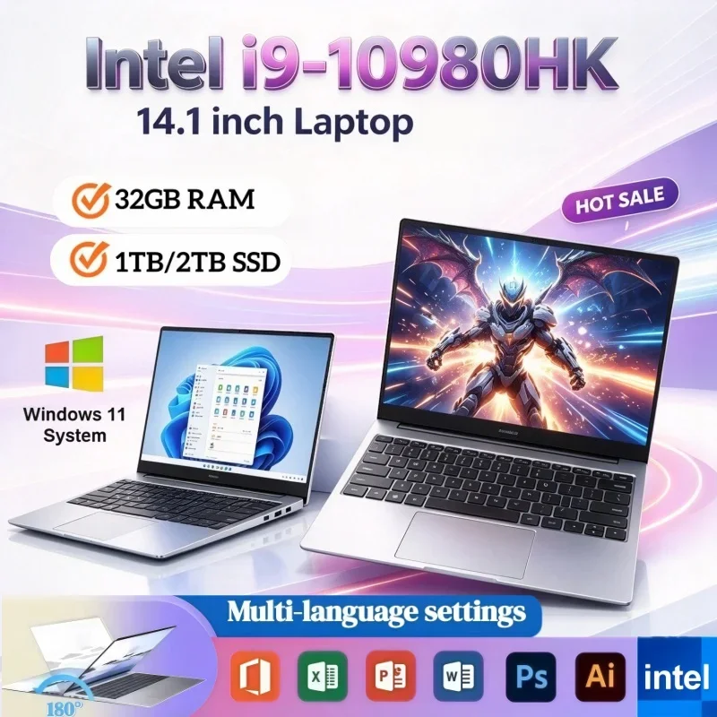 Laptop Intel i9-10980HK High Performance Ultra-thin Notebook 2026 Windows11 1/2TB Fast SSD 14.1 Inch 16GB/32GB RAM