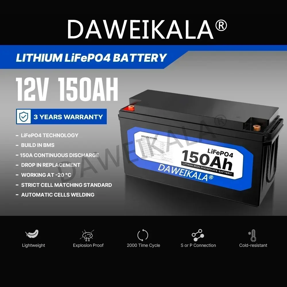 12V 150Ah LiFePO4 Battery Lithium Iron Phosphate Battery Built-in BMS for Solar Power System RV House Trolling Motor