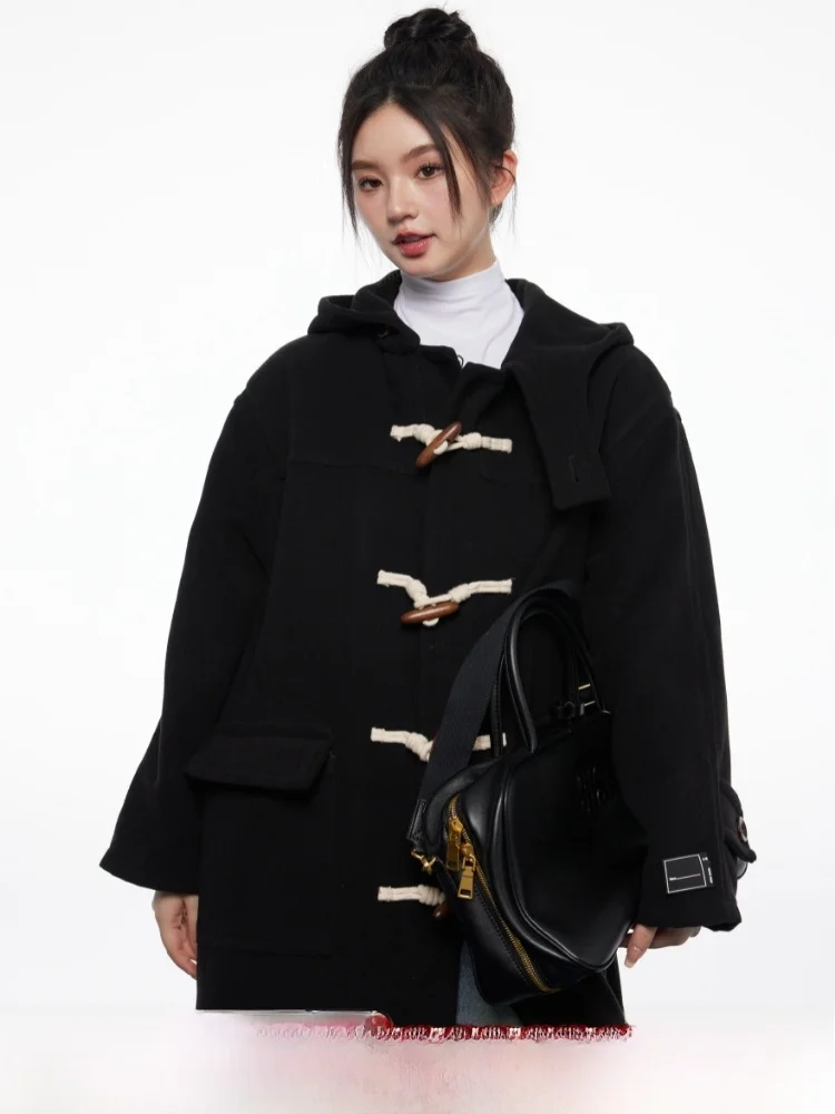 

ELEVEN SP осенне-зимнее женское свободное пальто с капюшоном, длинное пальто Sli College Sle, шерстяное пальто Bla с роговыми пуговицами