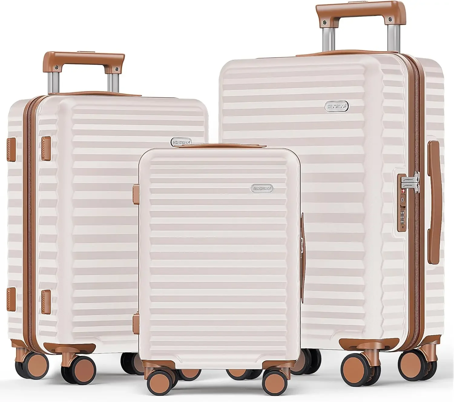 SHOWKOO Luggage Sets 3 Piece Hardside Expandable Suitcase with Double Spinner Wheels Tsa Lock Beige White (20in/24in/28)