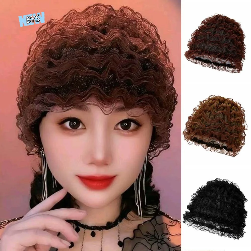 

Soft Beauty Lace Curling Hat Breathable Polyester Elderly Beauty Cap Dome Brimless Beanie Elastic Curly Hair Hat All-match
