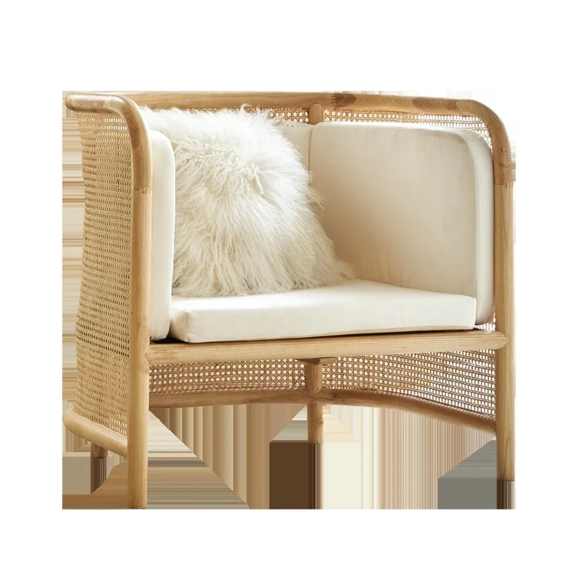 

American fabric single sofa simple modern solid wood rattan chair club living room leisure reception