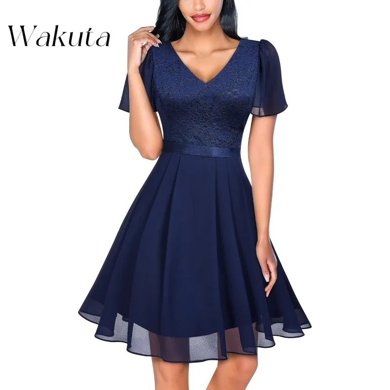 Wakuta-Robe de Cocktail Classique Française, Col en V, Manches à Volants, Vintage, Taille Amincissante, Robes d'Anniversaire, Ligne A, Éducative, Remise de Diplôme